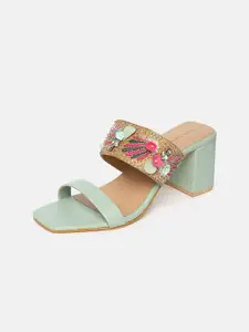 Marc Loire Green & Gold-Toned Embellished PU Block Sandals