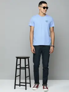 Indian Terrain Men Blue Solid Pure Cotton T-shirt