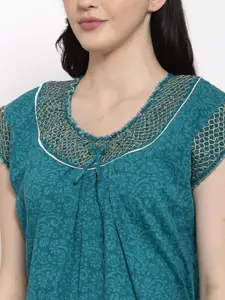 Secret Wish Pack Of 2 Turquoise Blue & Black Printed Pure Cotton Maxi Nightdress