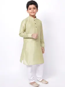 NAMASKAR Boys Green Solid Silk Blend Kurta