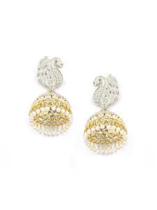 Priyaasi Gold-Plated & White Beads Peacock Shaped Jhumkas Earrings