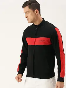 Flying Machine Men Black Colourblocked Mock-Collar Front-Open Sweatshirt