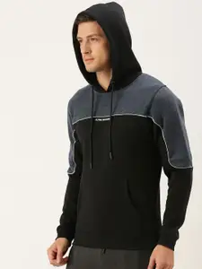 Flying Machine Men Black & Navy Blue Colourblocked Hooded Sweatshirt