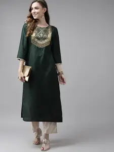 Indo Era Women Green Ethnic Motifs Yoke Design Kurta