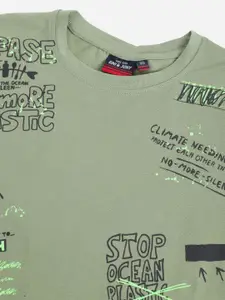 Gini and Jony Boys Green  Black Typography Print Cotton Pure Cotton T-shirt