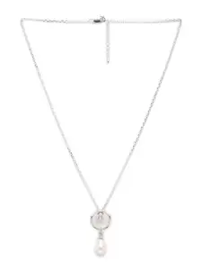 Clara 92.5 Sterling Rhodium-Plated Silver-Toned & White Stone-Studded & Pearl Beaded Pendant With Chain