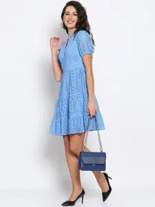 MARC LOUIS Women Blue Schiffli Fit & Flare Dress