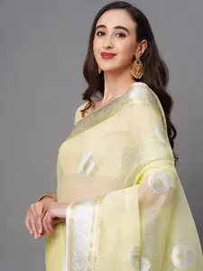 Saree mall Yellow & Silver-Toned Woven Design Silk Blend Banarasi Sarees