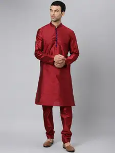 Hangup Men Maroon Regular Dupion Silk Kurta with Churidar