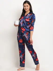 Claura Women Blue & Red Printed Satin Night suit