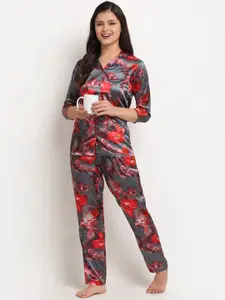 Claura Women Grey & Red Printed Night suit