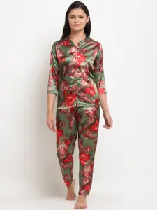 Claura Women Green & Red Printed Night suit
