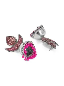 Anouk Silver-Toned & Pink Crescent Shaped Jhumkas Earrings