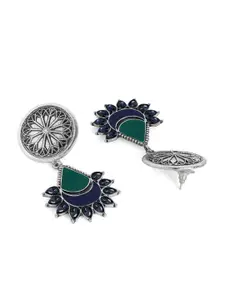 Anouk Green & Silver-Plated Leaf Shaped Oxidised Drop Earrings