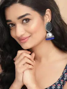 Anouk Silver-Toned & Blue Classic Jhumkas Earrings