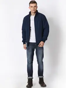 t-base Men Navy Blue Solid Lightweight Bomber Jacket
