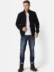 t-base Men Black Solid Lightweight Biker Jacket