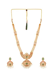 aadita Green-Toned & Gold-Plated Stone-Studded Handcrafted Necklace With Earrings