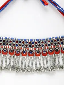 Moedbuille Silver-Toned & Red Brass Silver-Plated Afghan Meenakari Tasseled Necklace