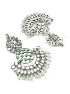 aadita Silver-Toned & Green Contemporary Chandbalis Earrings