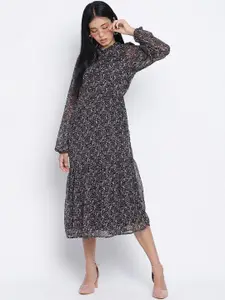 Oxolloxo Black Floral Satin A-Line Midi Dress