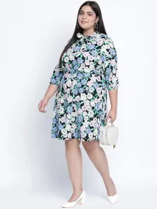 Oxolloxo Plus Size Multicoloured Floral Tie-Up Neck Satin A-Line Dress