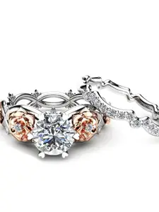 Yellow Chimes Set of 2 Silver- toned Floral Brown Crystal Finger Rings