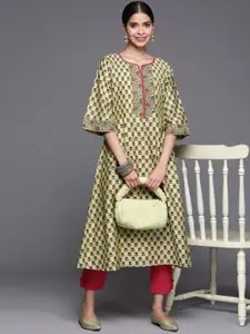 Libas Women Green Floral Motifs Printed Chanderi Silk Kurta