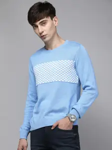 Blackberrys Men Blue & White Self Designed Pure Cotton Pullover Sweater