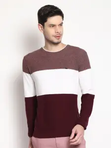 Blackberrys Men Maroon & White Pure Cotton Colourblocked Pullover Sweater