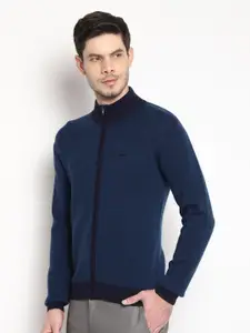 Blackberrys Men Navy Blue Solid Pure Wool Cardigan Sweater