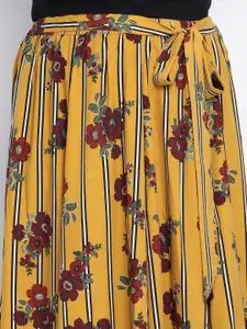Oxolloxo Women Yellow & Maroon Floral Printed Flared Maxi Skirt