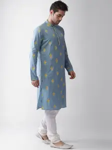 KISAH Men Blue & Yellow Ethnic Motifs Embroidered Cotton Kurta