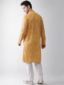 KISAH Men Yellow & Pink Doriya Printed Straight Kurta