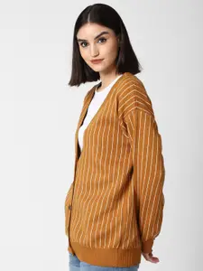 FOREVER 21 Women Brown & White Striped Front-Open