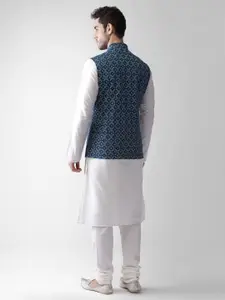 KISAH Men Blue & White Regular Kurta with Pyjamas & Jacket