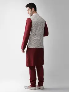 KISAH Men Maroon Regular Kurta Pyjamas with Printed Nehru Jacket