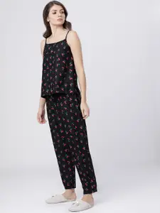 Tokyo Talkies Women Black & Red Printed Night suit