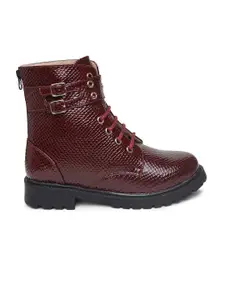 VALIOSAA Maroon Textured High-Top Wedge Heeled Boots with Buckles