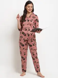 Claura Women Rose & Black Floral Printed Pure Cotton Night Suit
