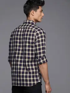 WROGN Men Navy Blue & White Slim Fit Checked Pure Cotton Casual Shirt