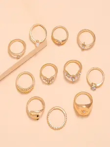 Shining Diva Fashion Women Set Of 11 Gold-Plated White  Black Stone-Studded Finger Rings