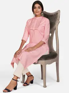 Vbuyz Women Pink Striped Keyhole Neck Flared Sleeves Thread Work Kurta