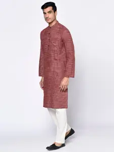 Fabindia Men Maroon & Cream-Coloured Cotton Striped Straight Kurta