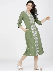 Vishudh Green Ethnic Motifs Ethnic A-Line Midi Dress