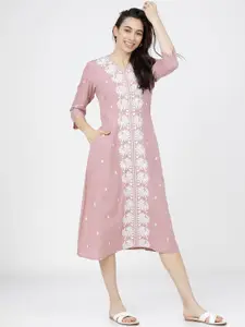 Vishudh Pink & White Ethnic Motifs Printed A-Line Midi Dress