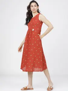 Vishudh Woman Rust Ethnic A-Line Midi Dress