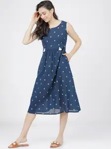 Vishudh Navy Blue & White Floral Printed Round Neck Midi Fit & Flare Dress