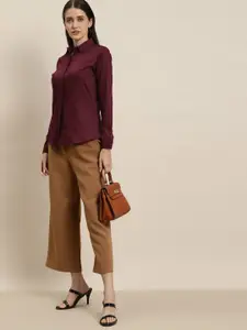Hancock Women Maroon Solid Slim Fit Pure Cotton Satin Formal Shirt