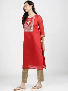 Vishudh Women Red & Off White Ethnic Motifs Yoke Design Kurta
